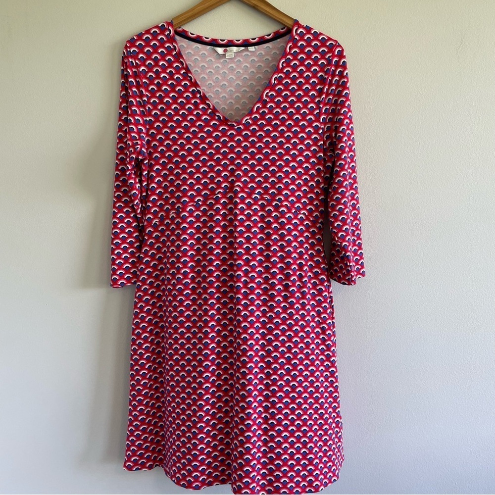 Boden Women's Geometric Print Dress With 3/4 Length Sleeves Red Multi Size 10L